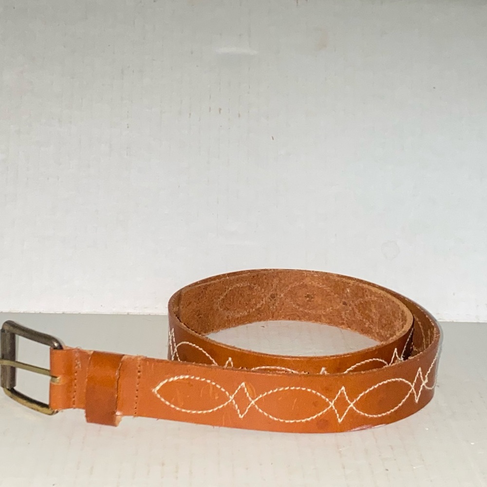 Vintage Brown Genuine Leather Western Belt with White Gunslinger Stitching